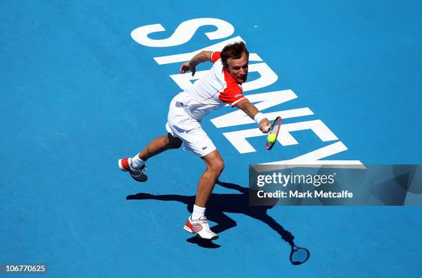 Mats Wilander of Sweden plays a backhand during his match against Wayne Ferreira of South Africa during day two of the Champions Downunder at Sydney...