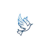 Dove Of Peace. Illustration with dove holding an olive branch symbolizing peace on earth. LIne Art dove. Ink painting style. Line art for logo and design. Vector illustration. Peace logo.