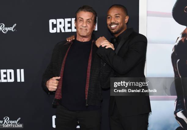 Sylvester Stallone and Michael B. Jordan attend the 'Creed II' New York Premiere at AMC Loews Lincoln Square on November 14, 2018 in New York City.