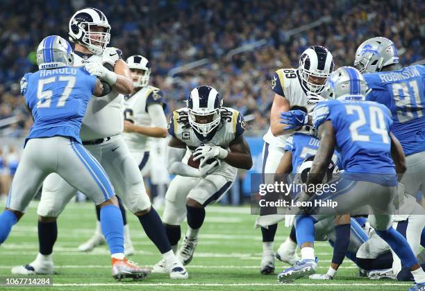 Todd Gurley of the Los Angeles Rams runs for yardage against the Detroit Lions at Ford Field on December 2, 2018 in Detroit, Michigan.