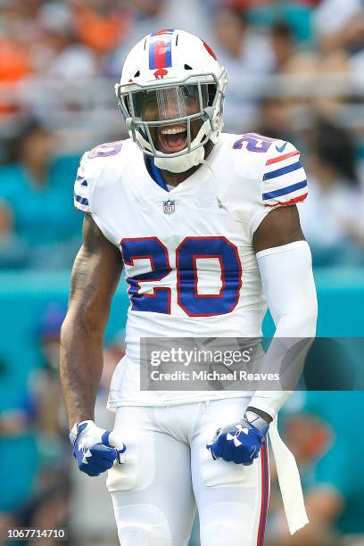 Rafael Bush of the Buffalo Bills reacting after a play during the first half against the Miami Dolphins at Hard Rock Stadium on December 2, 2018 in...