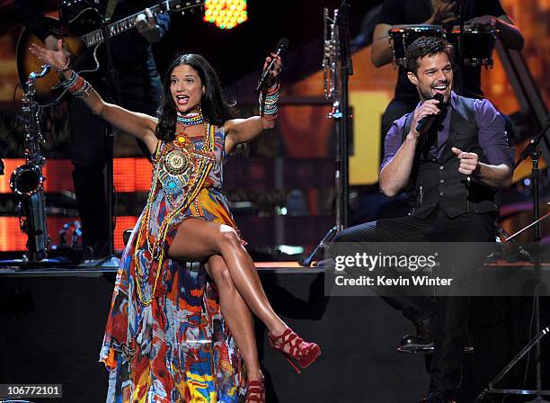 Singers Natalia Jimenez and Ricky Martin perform onstage during the 11th annual Latin GRAMMY Awards at the Mandalay Bay Events Center on November 11,...
