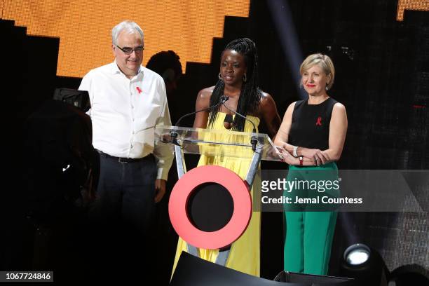 Paul Stoffels, Chief Scientific Officer at Johnson & Johnson, Danai Gurira and Dr. Glenda Gray, President of South African Medical during the Global...