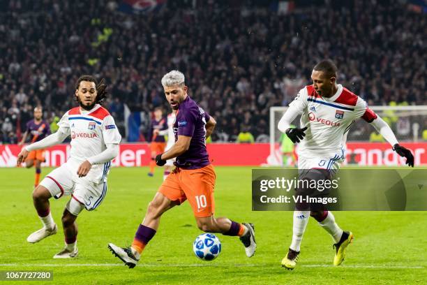 Jason Denayer of Olympique Lyonnais, Sergio Aguero of Manchester City, Marcelo Antonio Guedes Filho of Olympique Lyonnais during the UEFA Champions...