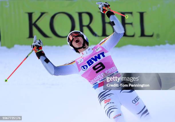 Stefan Luitz of Germany celebrates after crossing the finish line to win the Audi FIS Alpine Ski World Cup Men's Giant Slalom on December 2, 2018 in...