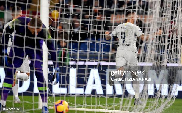 Inter Milan's Argentinian forward Mauro Icardi celebrates after scoring a goal during the Italian Serie A football match between AS Roma and Inter...