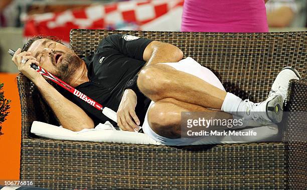 Henri Leconte of France takes a rest in between games during his match against Goran Ivanisevic of Croatia during day two of the Champions Downunder...