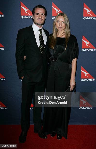 Bradley Cocks and Collette Dinnigan arrive at Qantas's 90th anniversary gala dinner at the Qantas Sydney jet base on November 12, 2010 in Sydney,...