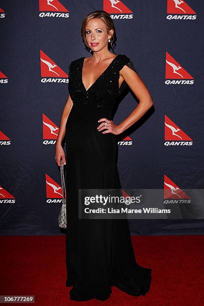 Christie Lee Sharpe arrives at Qantas's 90th anniversary gala dinner at the Qantas Sydney jet base on November 12, 2010 in Sydney, Australia.