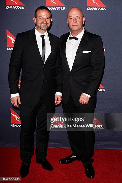 Sean Simpson and Peter Morrissey arrive at Qantas's 90th anniversary gala dinner at the Qantas Sydney jet base on November 12, 2010 in Sydney,...