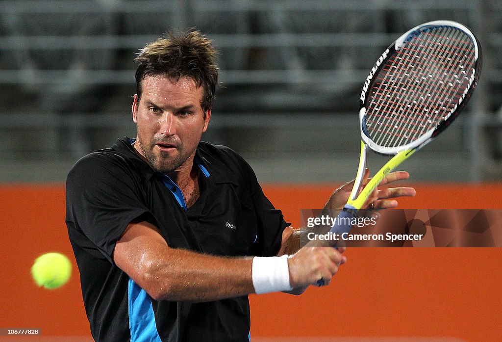 Patrick Rafter Backhand Pat Rafter of Australia plays a backhand against Thomas Enqvist of ...
