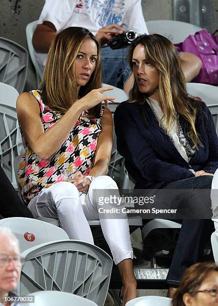 Lara Feltham , wife of Pat Rafter watches the action during the match between Pat Rafter of Australia and Thomas Enqvist of Sweden during day two of...