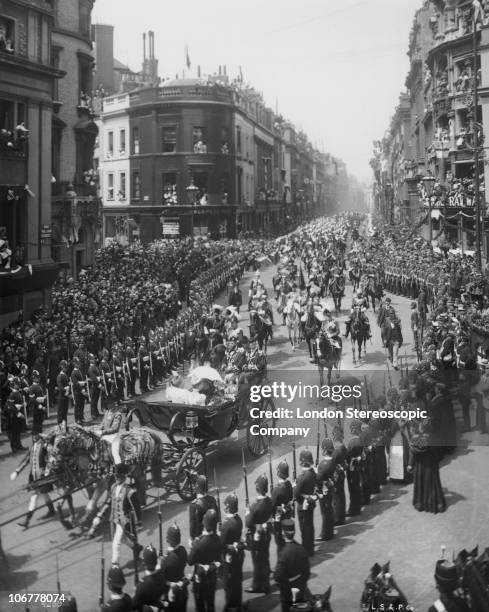 Crowds lining King William Street, London to watch Queen Victoria's carriage passing during her Diamond Jubilee procession, 22nd June 1897.