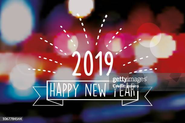 vintage new year badge on blurred colorful background - hello world stock illustrations