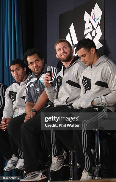 Mils Muliaina, John Afoa, Kieran Read and Dan Carter of the New Zealand All Blacks participate in a question and answer session as they visit...