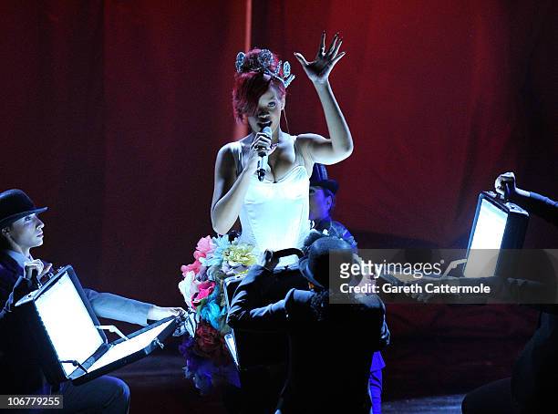 Rihanna performs during the MTV Europe Music Awards 2010 live show at La Caja Magica on November 7, 2010 in Madrid, Spain.