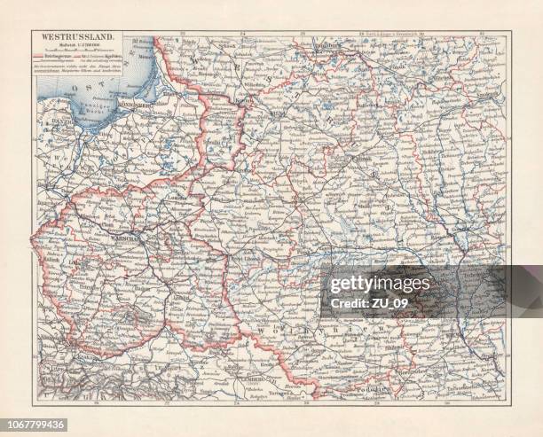map of poland and western russia (belarus), lithograph, published 1897 - old vilnius lithuania stock illustrations