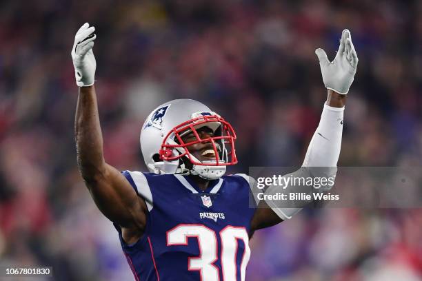 Jason McCourty of the New England Patriots reacts during the second half against the Minnesota Vikings at Gillette Stadium on December 2, 2018 in...