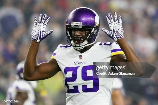 Xavier Rhodes of the Minnesota Vikings reacts during the second half against the New England Patriots at Gillette Stadium on December 2, 2018 in...