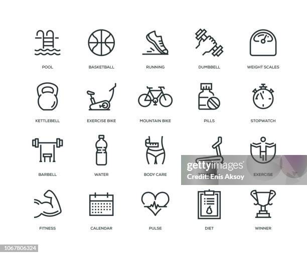 ilustrações de stock, clip art, desenhos animados e ícones de fitness icons - line series - bicicleta ergométrica