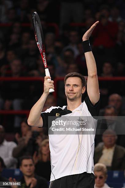 Robin Soderling of Sweden celebrates his quarter-final victory against Andy Roddick of USA during Day Six of the ATP Masters Series Paris at the...