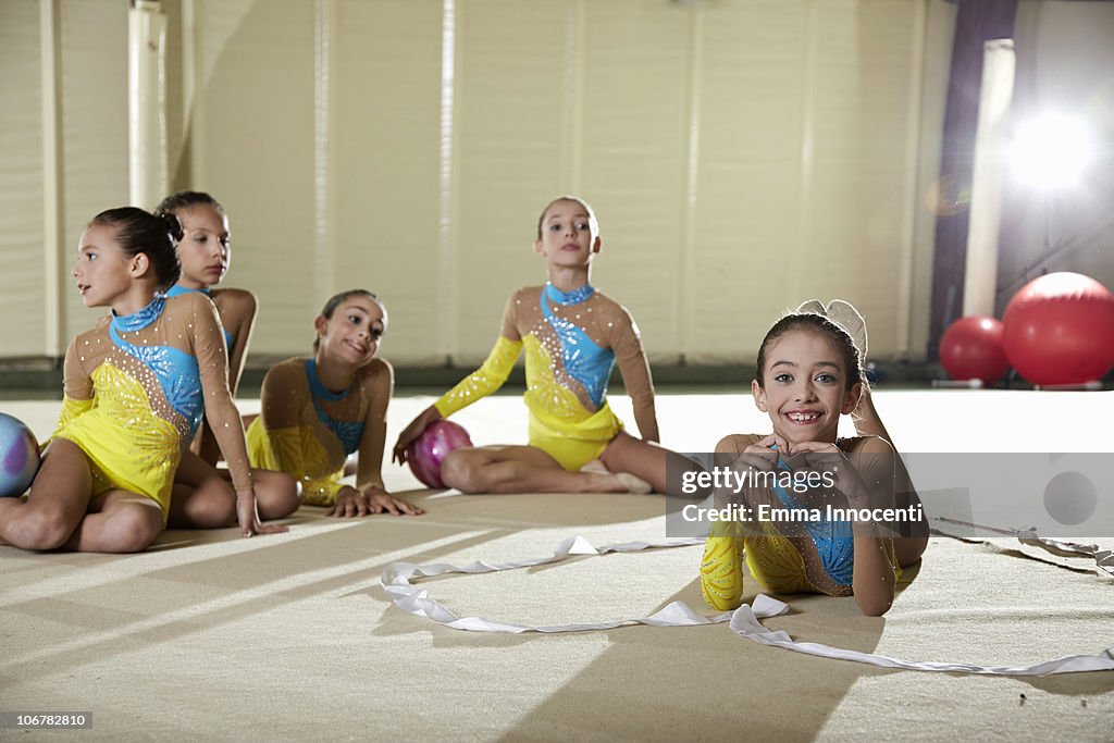 Gymnastic, team, one girl with ribbon