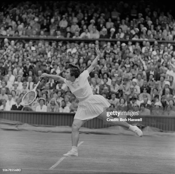 American tennis player Billie Jean King in action during the Women's Singles semifinal against Ann Jones at Wimbledon Championships, London, UK, 4th...