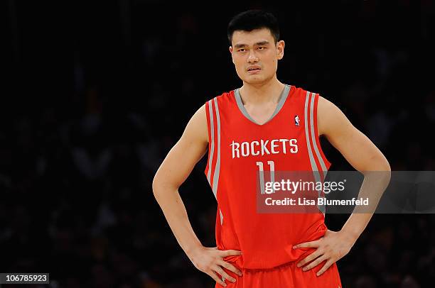 Yao Ming of the Houston Rockets looks on during the game against the Los Angeles Lakers at the Staples Center on October 26, 2010 in Los Angeles,...