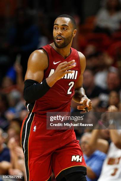 Wayne Ellington of the Miami Heat reacts after a three pointer against the Utah Jazz during the second half at American Airlines Arena on December 2,...