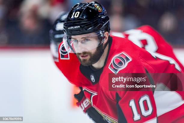 Ottawa Senators Winger Tom Pyatt prepares for a face-off during second period National Hockey League action between the San Jose Sharks and Ottawa...