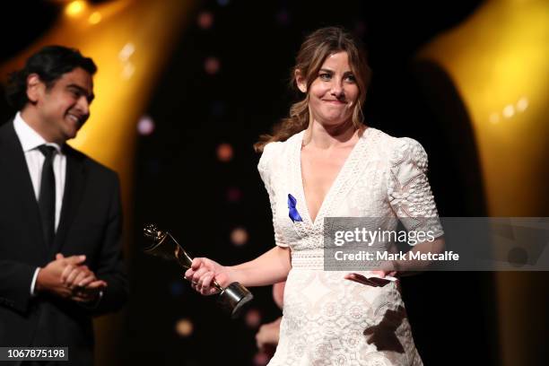 Brooke Satchwell accepts the AACTA Subscription Television Award for Best New Talent on behalf of Scott Ryan for Mr Inbetween during the 2018 AACTA...