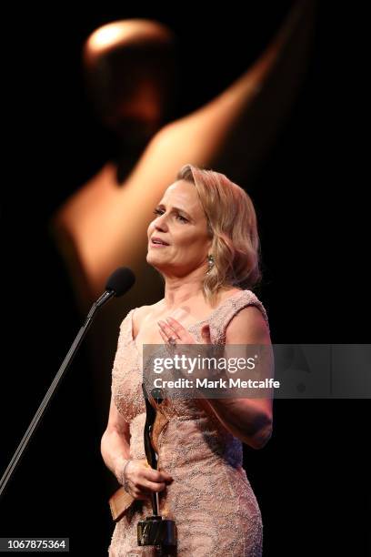 Shaynna Blaze accepts the AACTA Subscription Television Award for Best Female Presenter during the 2018 AACTA Awards Presented by Foxtel | Industry...