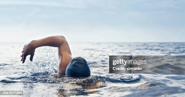 freiwasser-schwimmer schwimmen im meer - female swimmer stock-fotos und bilder