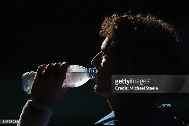 Andy Murray of Great Britain takes a drink prior to his quarter-final match against Gael Monfils of France during Day Six of the ATP Masters Series...