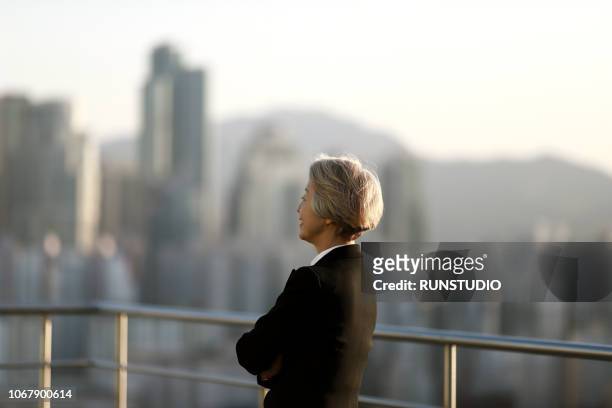 senior businesswoman standing on rooftop - asian ceo stock pictures, royalty-free photos & images