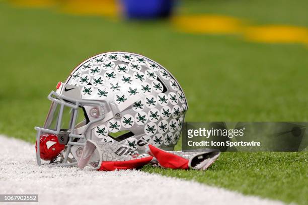 Ohio State helmet sits on the turf prior to the Big Ten Conference Championship game between the Northwestern Wildcats and the Ohio State Buckeyes on...