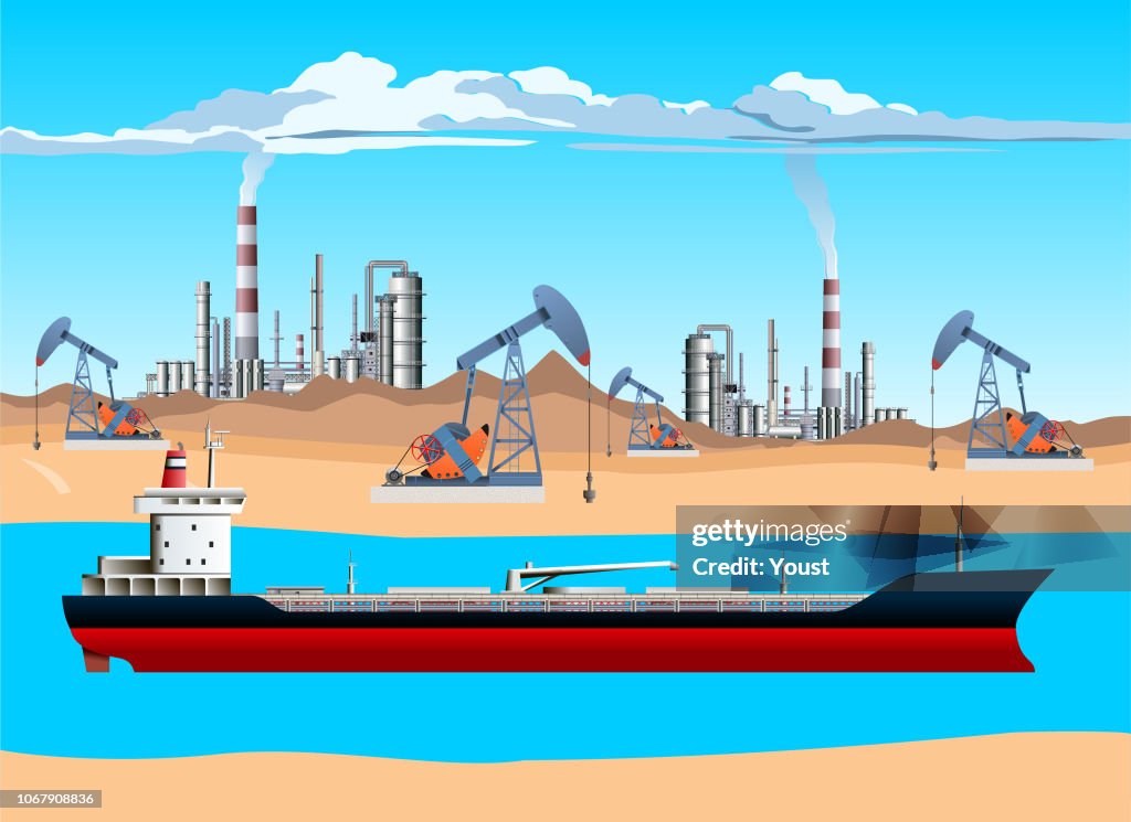 Pétrolier, pompe Jack, plate-forme de forage et de raffinerie. Installations de Production de gaz et pétrole