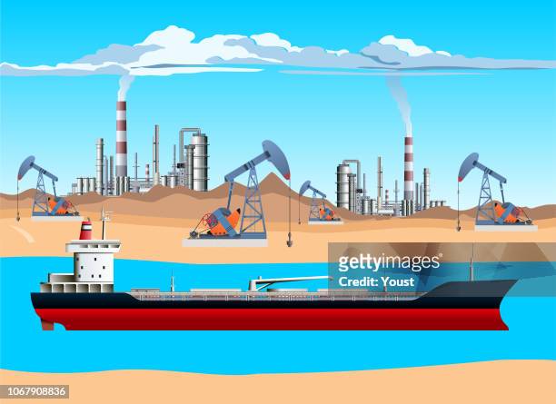 oil tanker, pump jack, drilling rig and refinery. oil and gas production facilities - oil tanker stock illustrations