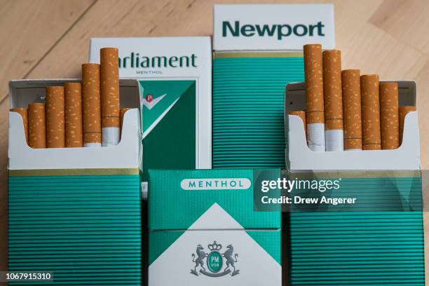 In this photo illustration, packs of menthol cigarettes sits on a table, November 15, 2018 in New York City. The U.S.Food and Drug Administration is...