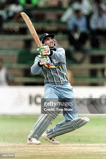 Sourav Ganguly of India hits a 6 on his way to 141 not out during the India v South Africa Semi-Final of the ICC Knockout Tournament at the Gymkhana...