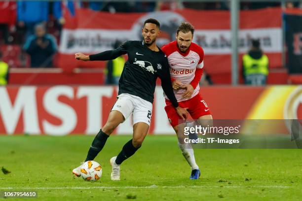 Matheus Cunha of Leipzig and Andreas Ulmer of Salzburg battle for the ball during the Bundesliga match between Borussia Dortmund and Sport-Club...