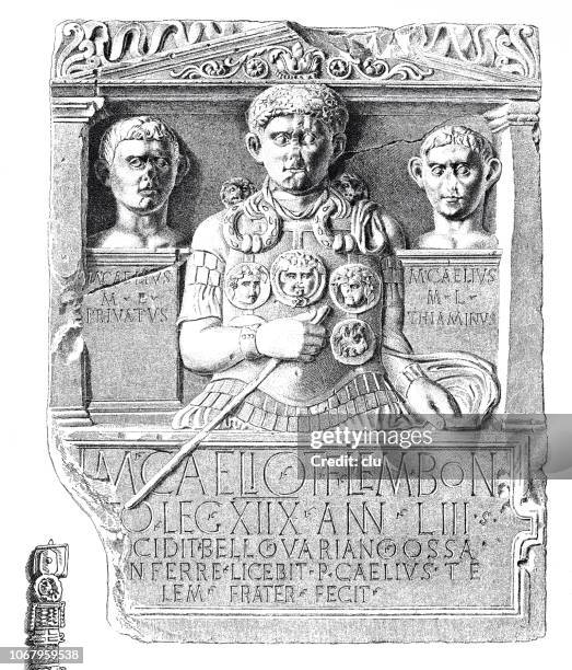 gravestone of a roman soldier killed in the battle of varus - roman soldier cartoon stock illustrations
