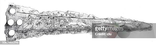 dolch-klinge aus mykene mit darstellung der jagd - mycenae stock-grafiken, -clipart, -cartoons und -symbole
