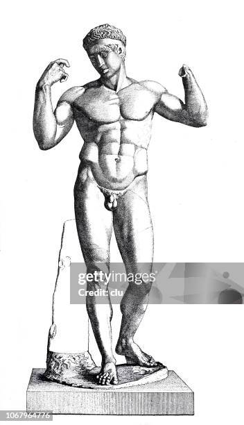 classical greek - winner in a competition, life-size marble statue - life size stock illustrations