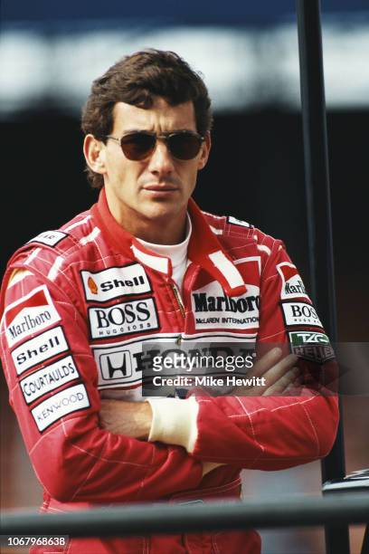 McLaren driver Ayrton Senna of Brazil looks on during a Formula One testing session at Silverstone on July 7, 1992 in Towcester, England. .