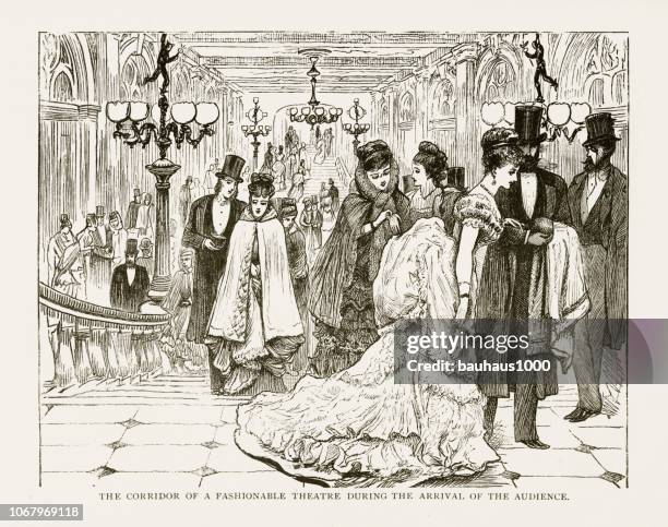 ilustraciones, imágenes clip art, dibujos animados e iconos de stock de corredor de un teatro de moda durante la llegada de la audiencia victoriana grabado, 1879 - music halls