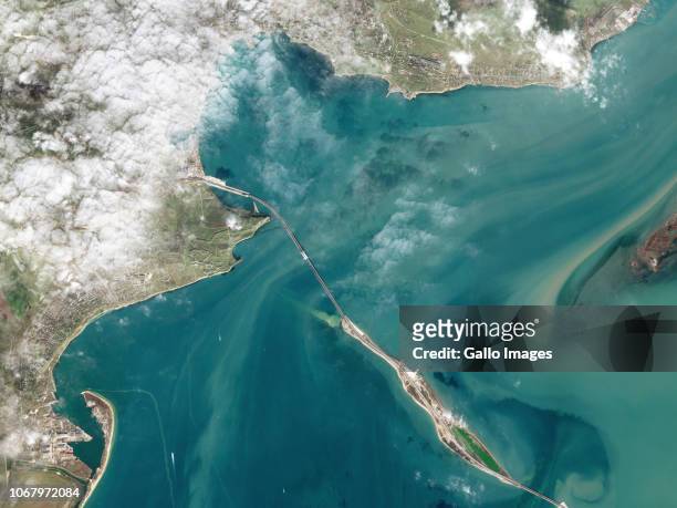 The Kerch Strait bridge that allows shipping to flow between the Sea of Azov and the Black Sea.