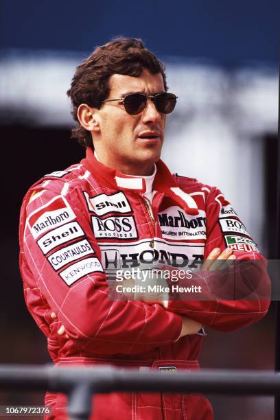 McLaren driver Ayrton Senna of Brazil looks on during a Formula One testing session at Silverstone on July 7, 1992 in Towcester, England. .
