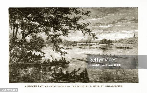 ilustraciones, imágenes clip art, dibujos animados e iconos de stock de pasatiempo de verano – carreras de barco en el río de schuylkill en philadelphia grabado victoriano, 1879 - rowing