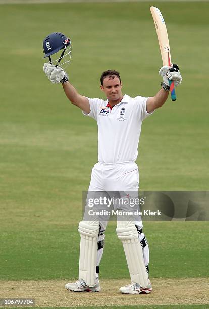 Andrew Strauss of England celebrates making 100 runs during day three of the Tour Match between the South Australian Redbacks and England at Adelaide...